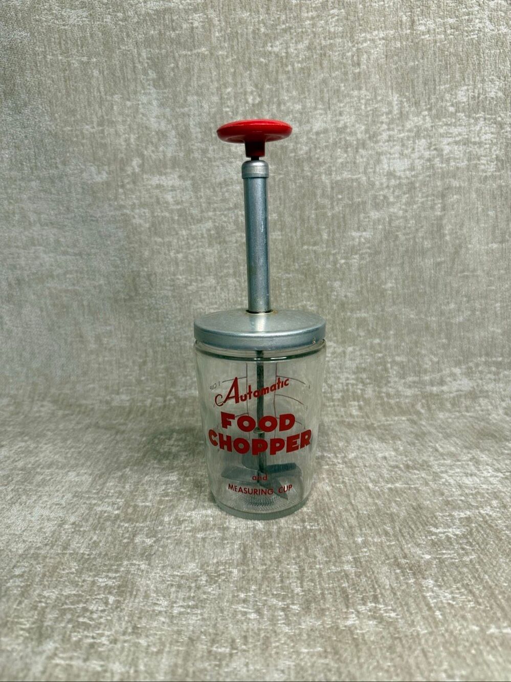 Vintage Antique Automatic Food Chopper & Measuring Cup Glass Manual Hand Push